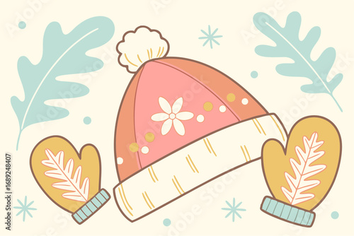 Santa's hat and mittens in a cozy style with pastel colors for winter holidays decoration
