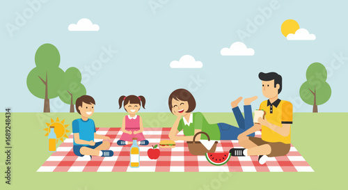 A Cheerful Family Enjoys a Sunny Picnic in a Lush Green Park with Trees and a Blue Sky