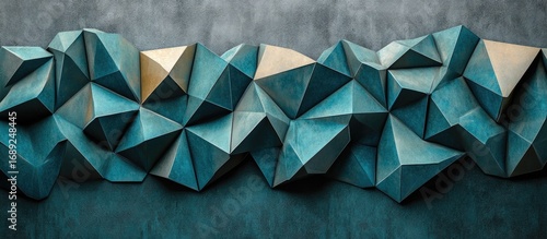 Faceted Geometric Relief in Oxidized Teal and Gold on a Textured Surface