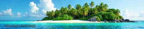Tropical Island Paradise Lush Green Palms Swaying Over Pristine White Sand Beach Under a Clear Blue Sky. Perfect for travel, vacation, and paradise-themed projects.