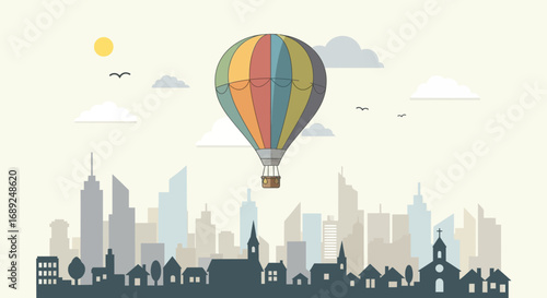 A vibrant hot air balloon gracefully drifts above a modern city skyline, capturing the essence of urban adventure, freedom, and aspirational travel against a serene sky