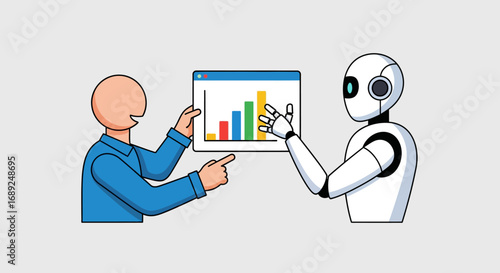Teamwork between a human and an artificial intelligence robot analyzing statistical data on a futuristic interface