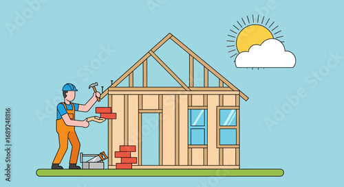 Illustration of a construction worker building a house with brick and hammer under the sun