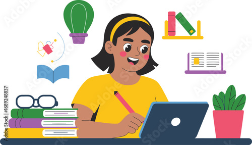 Young girl studying with books and laptop