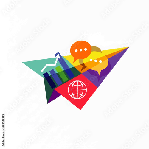 A colorful paper airplane soars, carrying global growth charts and communication bubbles, symbolizing innovative progress and global communication.
