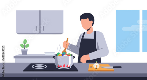 A person cooking in a kitchen, stirring vegetables in a pot, preparing a meal