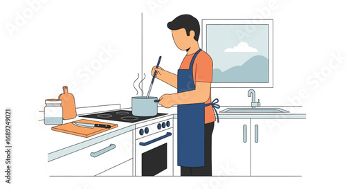 Modern flat vector illustration of a man cooking a healthy meal in a clean kitchen, stirring a pot on the stove, depicting daily life, home activities, and culinary preparation in a minimalist style