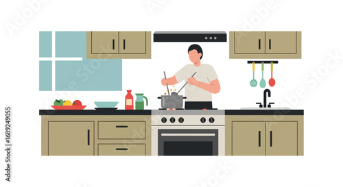 A man preparing a delicious meal in a modern kitchen, stirring a pot on the stove, embodying the joy of home cooking and culinary passion