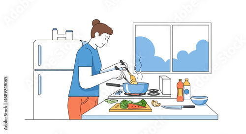 A young woman cooking a healthy meal with fresh vegetables in a modern kitchen, enjoying a culinary experience at home