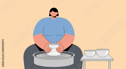 A female potter carefully shaping a white clay pot on a pottery wheel, focused craftsmanship