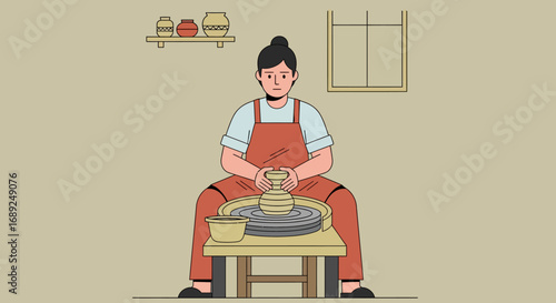 Pottery Artist Creating Clay Pots on a Spinning Wheel