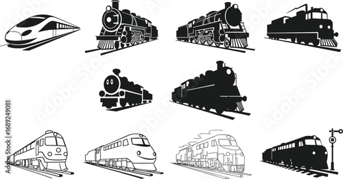 Collection of high-speed trains, steam locomotives, diesel engines, rail transport, and train silhouettes in black and white design.