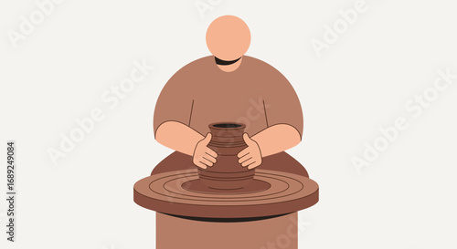 A detailed flat illustration captures the meditative process of an artisan skillfully shaping raw clay on a spinning potter's wheel, embodying traditional craftsmanship and artistic creation