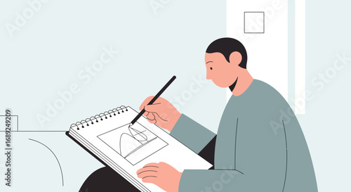 A male artist concentrated on sketching in his notepad, a creative process and inspiration concept