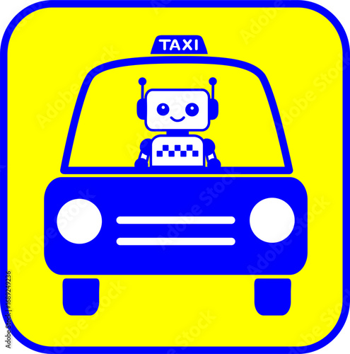 Robot taxi. Symbolizes artificial intelligence, driverless taxis, futuristic transport and modern technologies. Perfect for use in apps, websites, infographics, educational materials and advertising.