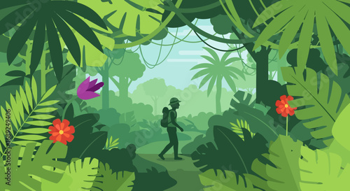 A lone explorer with a backpack ventures deep into a lush tropical jungle, a scenic illustration of adventure and travel