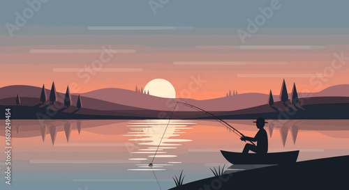 Peaceful vector landscape of a lone fisherman in a boat, enjoying a quiet moment of angling on a calm lake during a scenic sunset