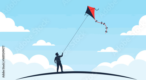 A lone silhouette of a person standing on a hill flying a red kite in a vast blue sky, a concept of freedom, dreams, and reaching for goals