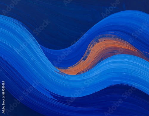 Abstract wavy painting in shades of blue and orange