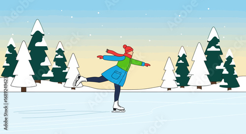 A joyful person in colorful winter clothes gracefully ice skating on a frozen lake in a snowy forest