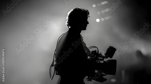Silhouette professional videographer, photographer holding a camera and capturing live scene footage with a fog spotlight background. Film set cinematographer, holding a professional camera rig 