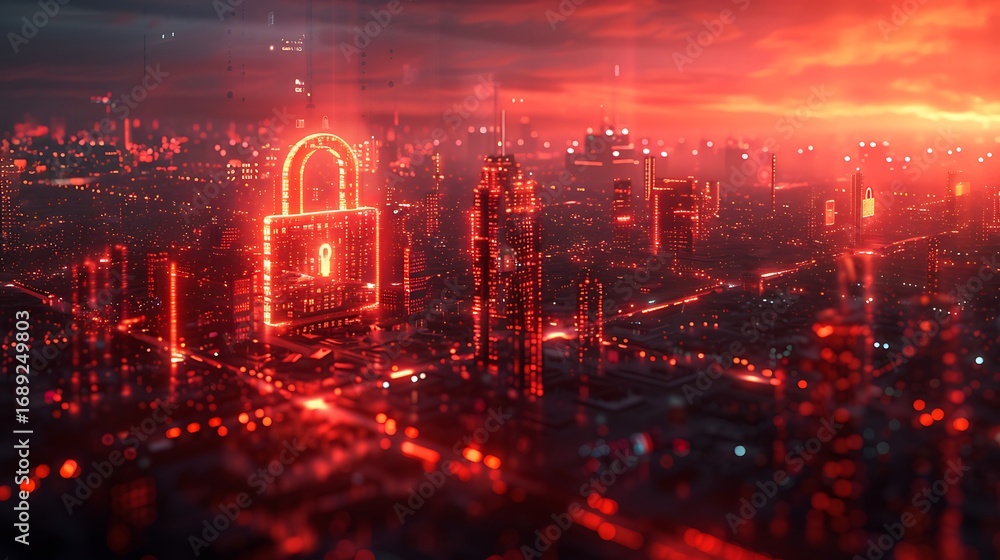 Fototapeta premium Secure digital network with glowing padlock and circuit board, protecting data and systems