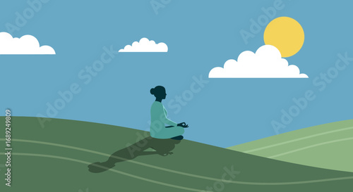 Woman practicing mindfulness meditation in a peaceful, sunny landscape for mental wellness and relaxation