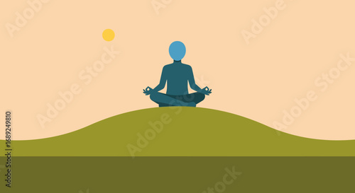 Abstract figure in a lotus pose meditating on a peaceful landscape, representing the concept of mindfulness and mental wellness