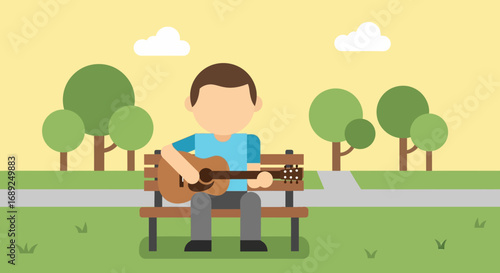 Flat design vector illustration of a man relaxing on a park bench while playing his acoustic guitar, a concept of leisure and hobbies