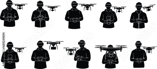 Drone pilot silhouettes, VR headset, virtual reality, remote control drone, drone operator, drone flying, quadcopter, drone technology, aerial drone, drone camera.