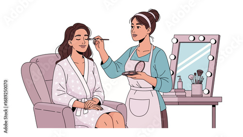 Professional makeup artist applying cosmetics to a client in a spa setting with a vanity mirror