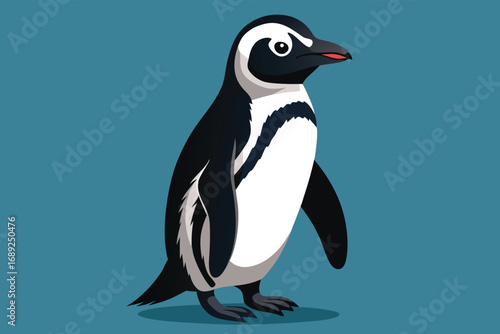 A cheerful, cartoon-style penguin stands confidently on a flat ice floe, surrounded by a simple, stylized landscape of icy mountains and a blue ocean.