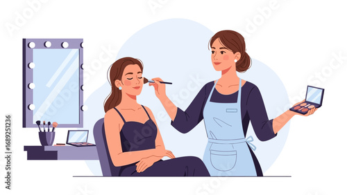 Professional makeup artist applying blush to a client s face in a well lit beauty studio setting