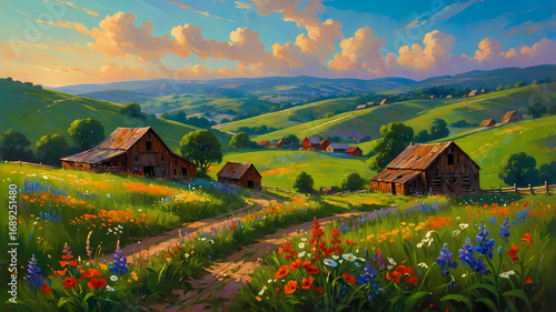 A charming countryside scene depicting a rustic barn surrounded by golden fields of wheat. Generative AI