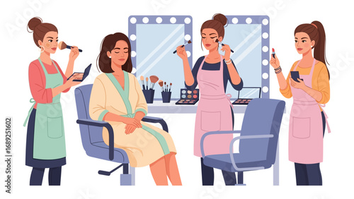 Professional makeup artists applying cosmetics to a client in a brightly lit salon setting