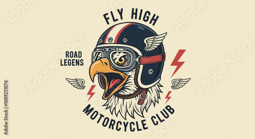 A stylized illustration featuring an eagle head wearing a vintage motorcycle helmet, with wings and lightning bolts.