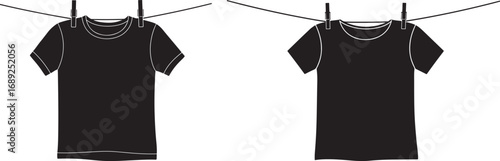 Two black t shirts hanging on a clothesline silhouette