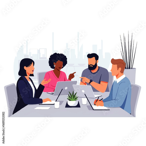 A diverse team collaborates on a project, engaging in lively discussion around laptops in a modern office setting.
