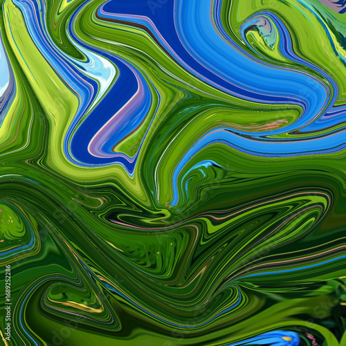 Fluid green and blue abstract swirl with golden accents. Artistic wave texture for modern digital art, nature-inspired patterns, and luxurious design.