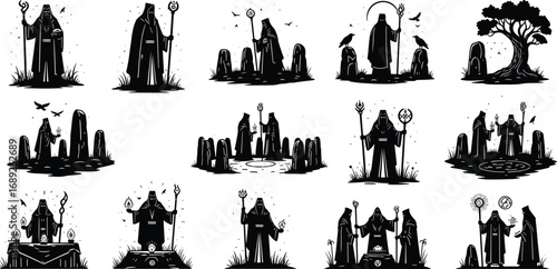 Mystical wizard illustrations, magic ritual, sorcery symbols, fantasy characters, enchanted forest, spell casting, dark magic, mysticism, fantasy art, occult design.