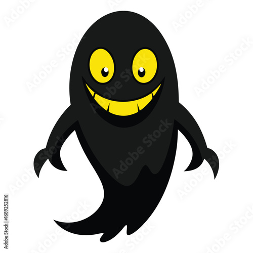 Spooky black cartoon ghost with yellow eyes and wide grin character