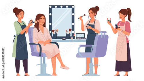 Diverse group of women enjoying professional makeup application and beauty services in a salon setting