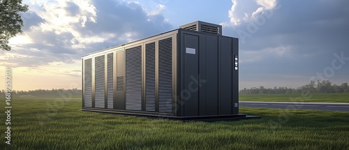 Modern Industrial Modular Unit in a Grassy Field Next to a Road Under a Bright, Cloudy Sky, Featuring Advanced Ventilation, Ideal for Data Centers or Power Generation