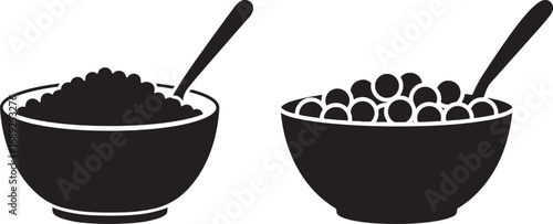 Two bowls of food with spoons silhouette