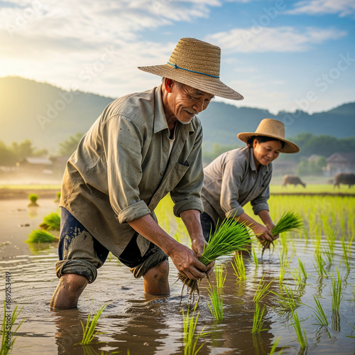 The farmer planted rice with his wife