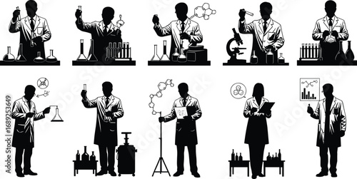 Scientists and researchers in lab coats conducting chemical experiments, using microscopes, analyzing molecular structures, laboratory research, science innovation
