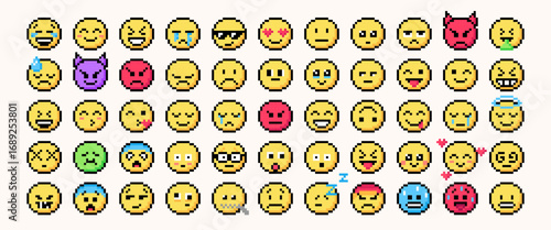 Set of various emojis in pixel art style. Retro style, 8 bit game emotions collection. Various faces, smiley, happy, sad, angry, love, crying, laughing, surprised etc. Isolated vector illustrations.