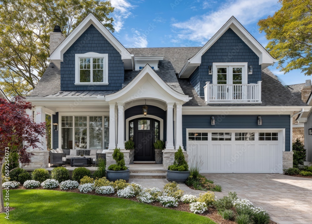Naklejka premium a blue house with white trim, a shingled roof, and landscaping in front of it