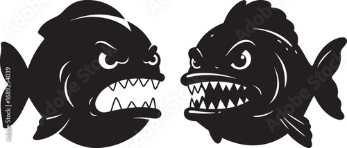 Two angry piranha fish facing each other silhouette