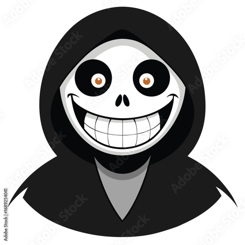 Cartoon grim reaper with skull face and wide smile on white background smiling